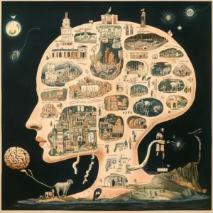 Ilustración conceptual de un perfil humano en estilo de mapa mental, que representa ideas y conocimientos interconectados. Cada área del cerebro contiene escenas detalladas de arquitectura, historia y ciencia, formando un paisaje visual de pensamiento y aprendizaje