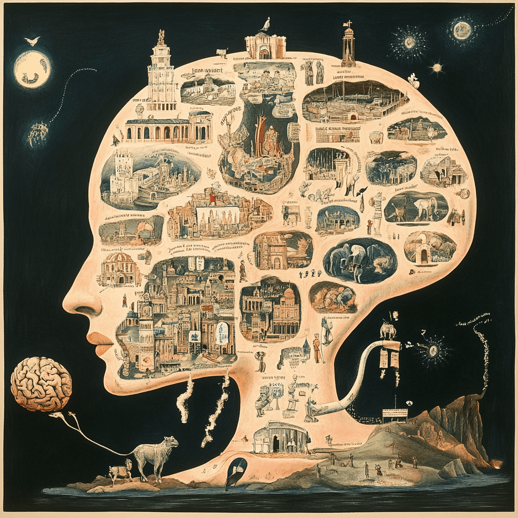 Ilustración conceptual de un perfil humano en estilo de mapa mental, que representa ideas y conocimientos interconectados. Cada área del cerebro contiene escenas detalladas de arquitectura, historia y ciencia, formando un paisaje visual de pensamiento y aprendizaje