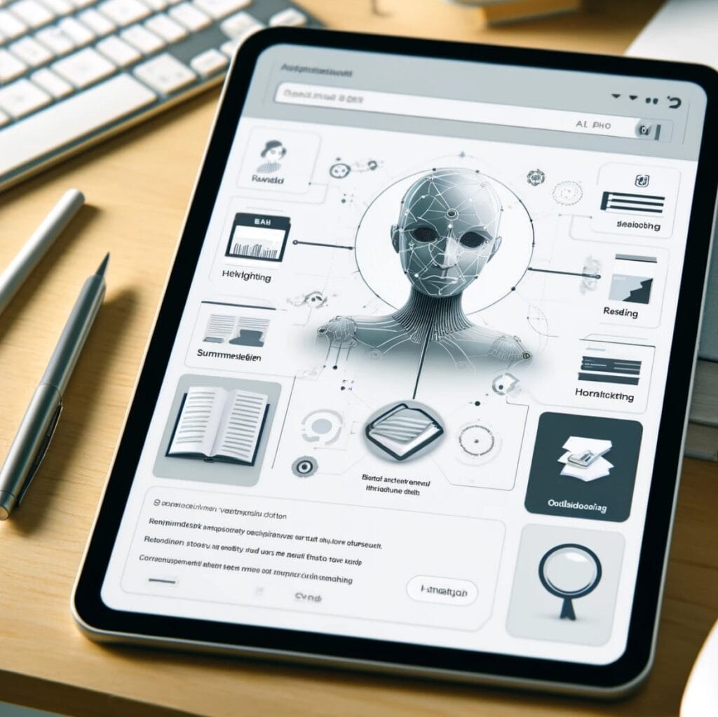 Interfaz digital de asistente de investigación impulsado por IA con opciones para organizar, resaltar, resumir y visualizar conexiones entre documentos académicos