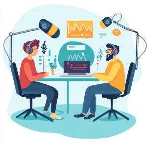 Ilustración de dos personas en un estudio de grabación estilo podcast, con micrófonos, auriculares y una computadora mostrando gráficos de audio