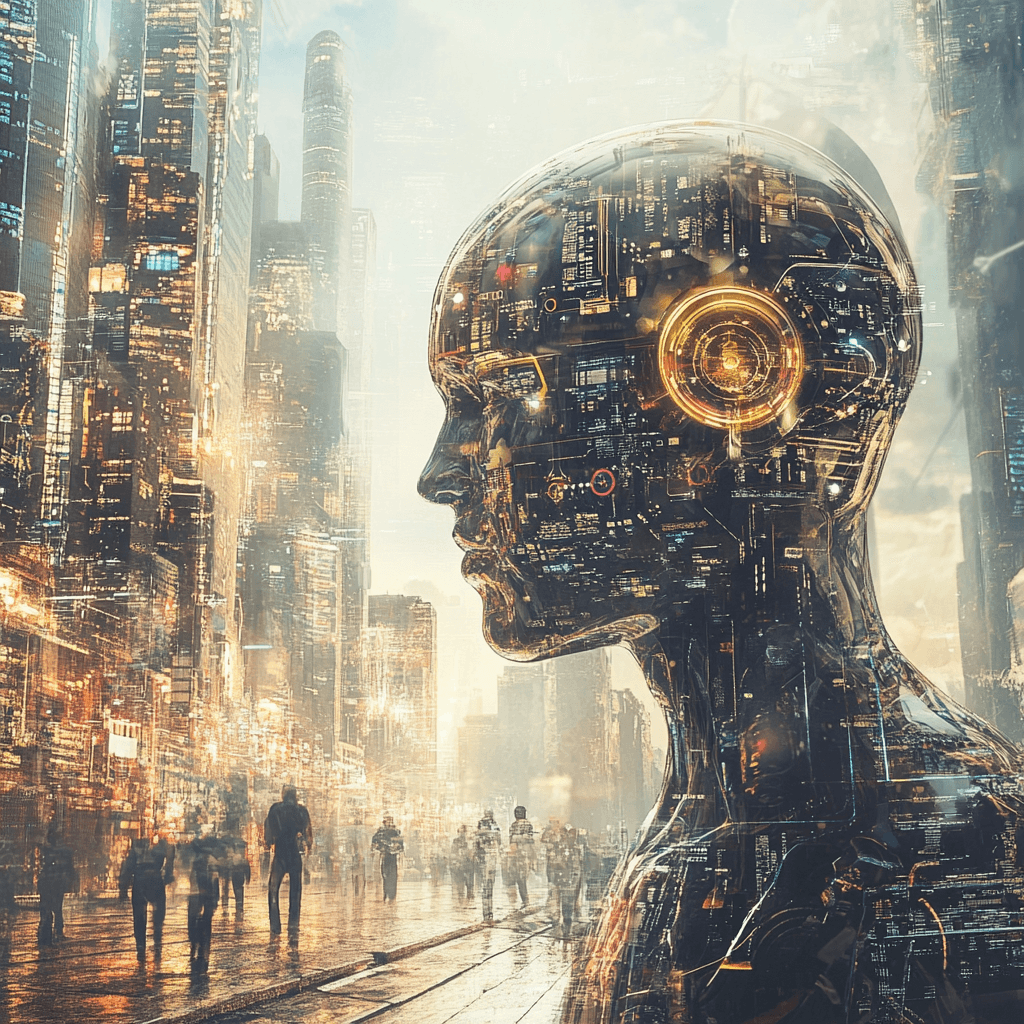 Representación artística de un modelo de inteligencia artificial avanzado con un diseño futurista, mostrando circuitos integrados en una cabeza humanoide transparente, en un entorno urbano tecnológico con rascacielos iluminados y figuras humanas en movimiento
