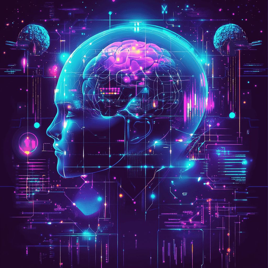 Ilustración futurista de inteligencia artificial, destacando un cerebro humano con conexiones digitales, hologramas y un estilo tecnológico vibrante