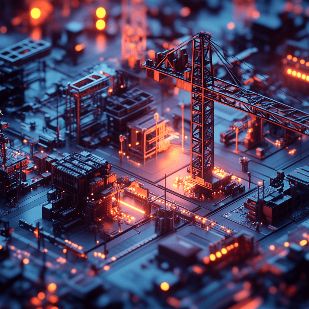 Un modelo futurista de una ciudad industrial en miniatura, con estructuras metálicas y luces cálidas resaltando la tecnología avanzada