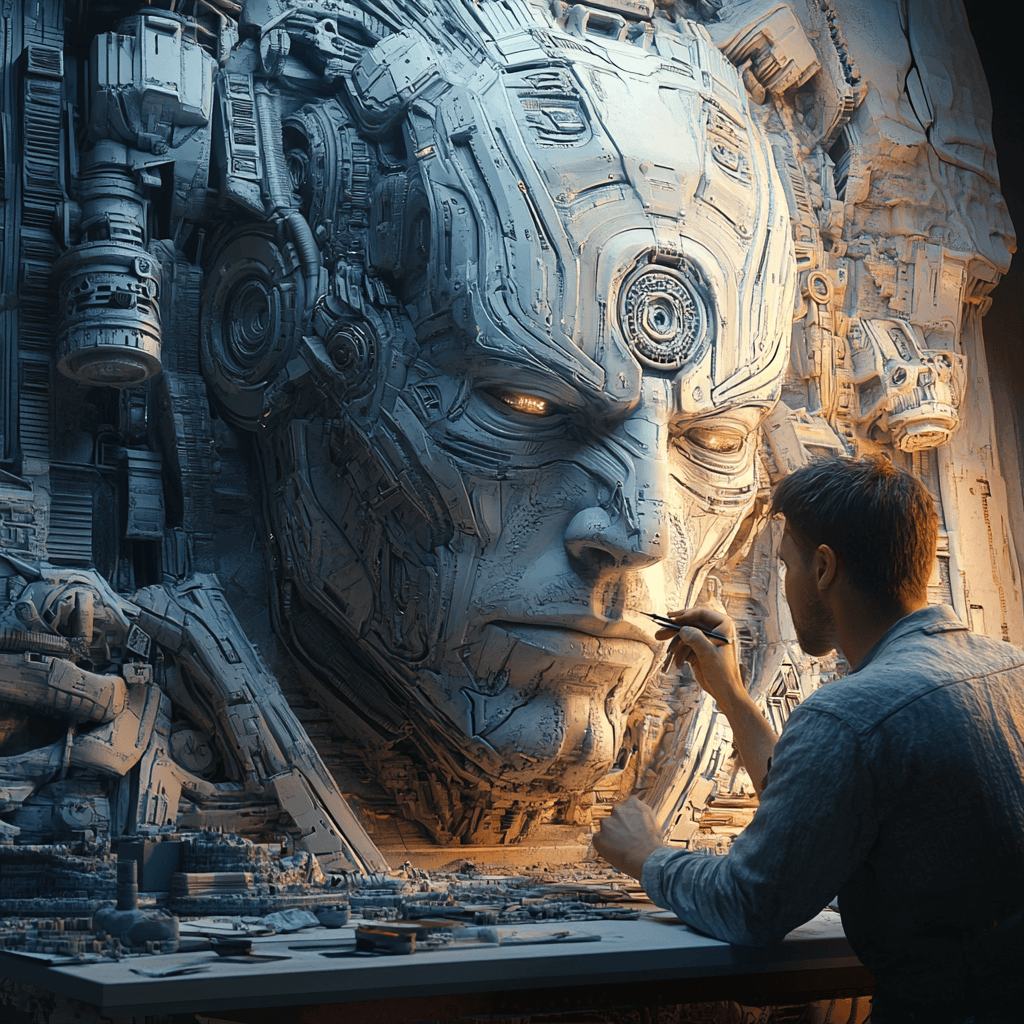 Un hombre trabaja minuciosamente en una monumental escultura de estética futurista, con un rostro robótico repleto de detalles mecánicos y toques cibernéticos