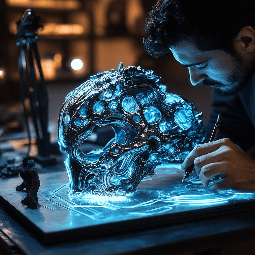 Un diseñador trabaja en un modelo 3D futurista con luces azules brillantes en un entorno de estudio creativo y tecnológico