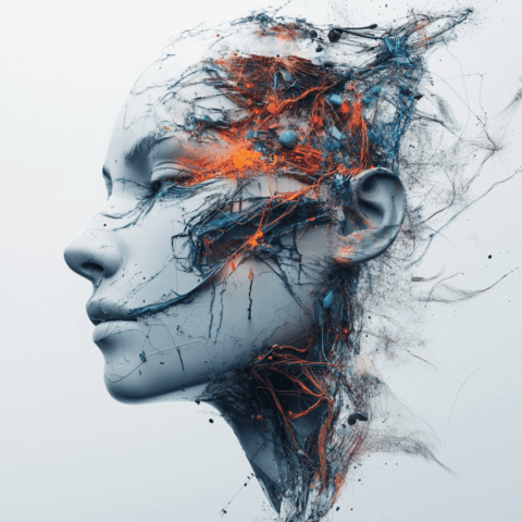 Representación futurista de un rostro humano fusionado con tecnología avanzada, con patrones abstractos de cables, energía y partículas en movimiento que simbolizan la integración de la inteligencia artificial y la creatividad digital