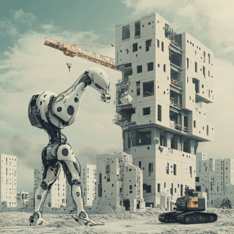 Un robot futurista y autónomo en una obra de construcción, levantando bloques de concreto mientras un edificio modular en construcción se alza al fondo. Una grúa y maquinaria pesada complementan el entorno, con un paisaje industrializado bajo un cielo parcialmente nublado