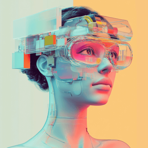Representación futurista de un androide femenino con aspecto humanoide, con piel metálica translúcida y detalles tecnológicos integrados. Lleva un visor de realidad aumentada con estructuras geométricas y elementos de neón en colores vibrantes como naranja, azul y rosa. El fondo está dividido en tonos suaves, mitad crema y mitad anaranjado, creando un contraste visual moderno y artístico