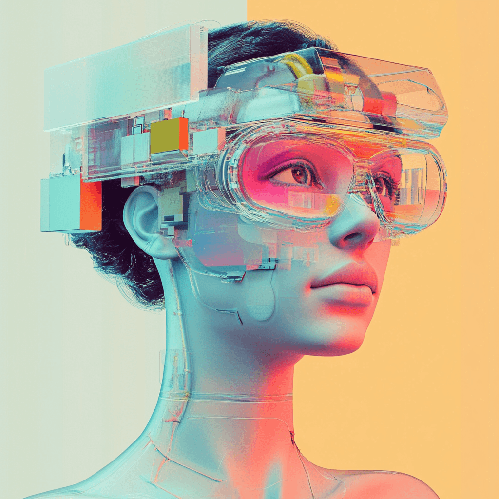Representación futurista de un androide femenino con aspecto humanoide, con piel metálica translúcida y detalles tecnológicos integrados. Lleva un visor de realidad aumentada con estructuras geométricas y elementos de neón en colores vibrantes como naranja, azul y rosa. El fondo está dividido en tonos suaves, mitad crema y mitad anaranjado, creando un contraste visual moderno y artístico