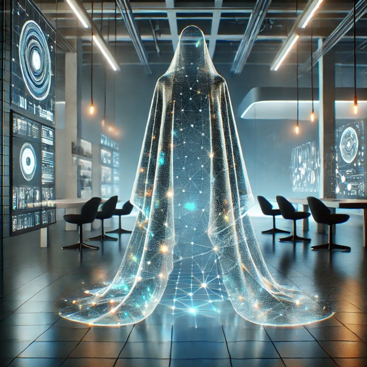 Capa de invisibilidad futurista probada en un laboratorio moderno, con diseño tecnológico avanzado y hologramas que resaltan su capacidad para manipular la luz