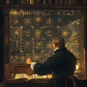 Un sabio del Renacimiento trabajando frente a un panel detallado con esquemas dorados, que simulan una red compleja, en un estudio iluminado por velas con libros antiguos abiertos, representando la extracción de datos y conexiones