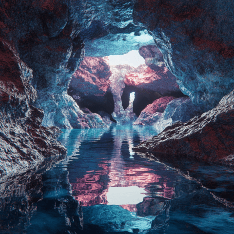 océano subterráneo en marte descubierto por la nasa: paisaje de cuevas con agua reflejando tonos rojizos y azulados, simulación del subsuelo marciano