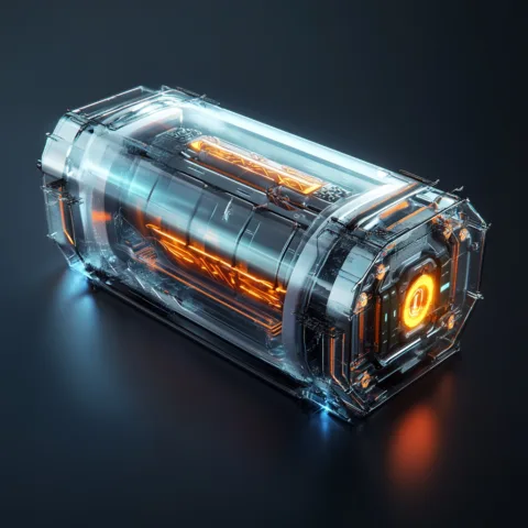 Batería futurista de diseño transparente con tecnología avanzada, mostrando componentes internos iluminados y detalles innovadores que destacan seguridad y durabilidad