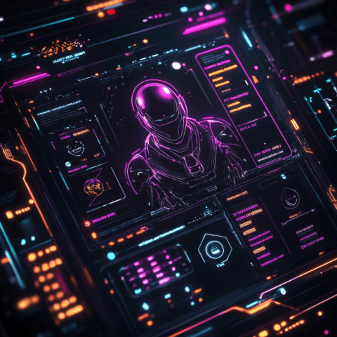 Interfaz futurista que muestra un menú de personalización de ChatGPT con opciones como apodo, profesión y rasgos de personalidad, diseño ciberpunk