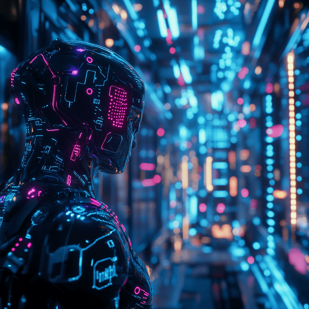 IA futurista con diseño cibernético y luces neon en un entorno tecnológico avanzado, representando el poder de DeepSeek-V2 en la inteligencia artificial de 2025