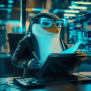 Un pingüino vestido como auditor profesional, con gafas brillantes de estilo futurista y un traje elegante. Está revisando documentos financieros en un escritorio moderno, con una computadora y gráficos digitales iluminados en un fondo tecnológico de oficina