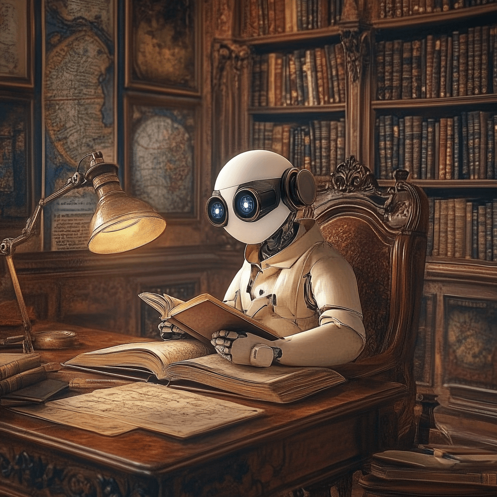 OpenAI lanza Deep Research: el avance revolucionario que transformará la inteligencia artificial 1 Robot haciendo deep research con aspecto retrofuturista leyendo un libro en un despacho renacentista, rodeado de estanterías llenas de libros antiguos y mapas, con una lámpara iluminando la escena