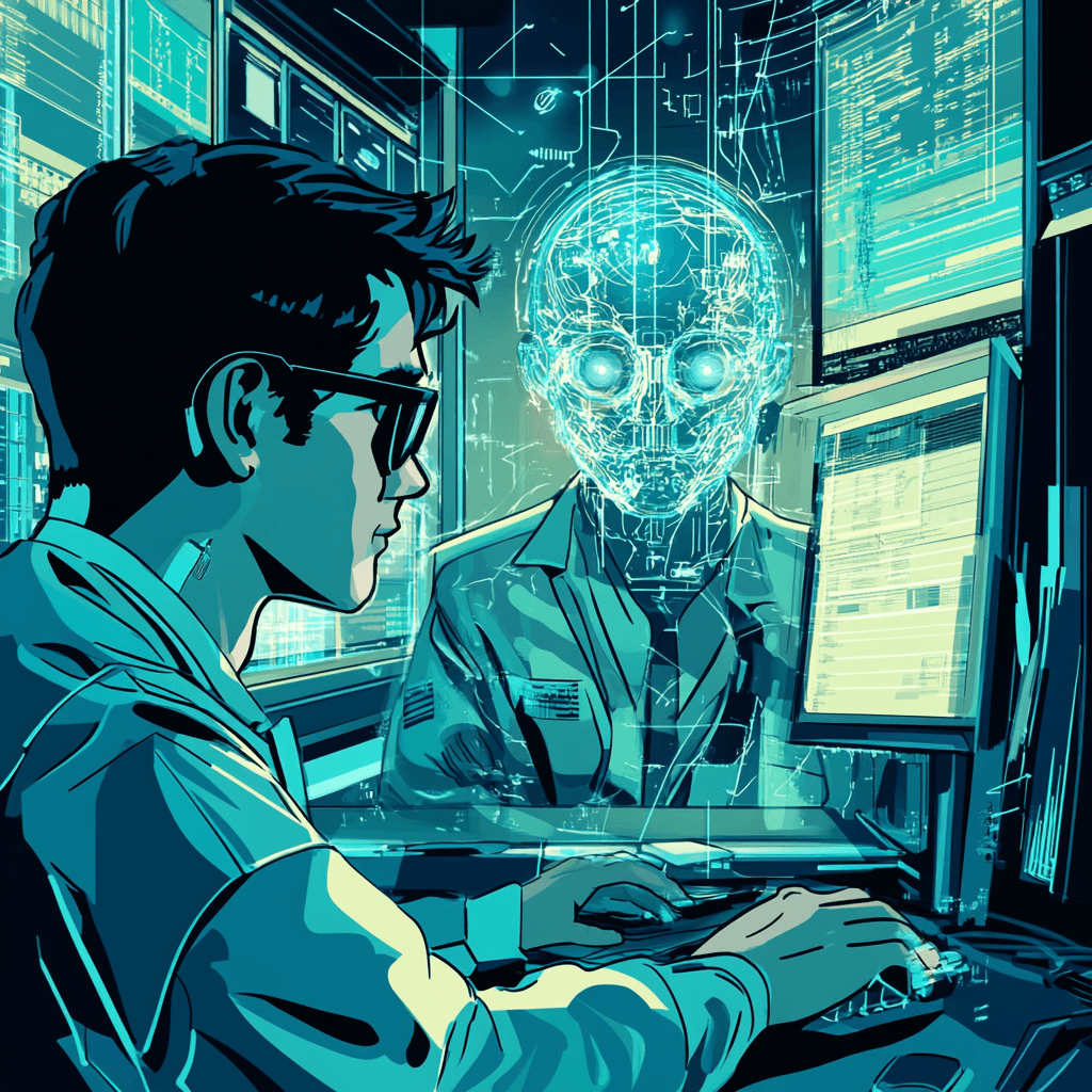 Ilustración futurista de un analista trabajando en ciberseguridad con inteligencia artificial. Un humano con gafas observa múltiples pantallas llenas de datos mientras una figura holográfica con rostro digital y ojos brillantes aparece en el fondo, representando una IA avanzada