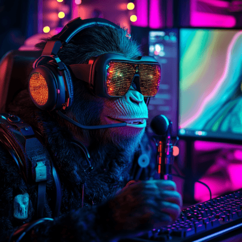 Chimpancé gamer con gafas LED y auriculares, hablando por un micrófono en un setup de streaming con luces RGB y pantallas futuristas