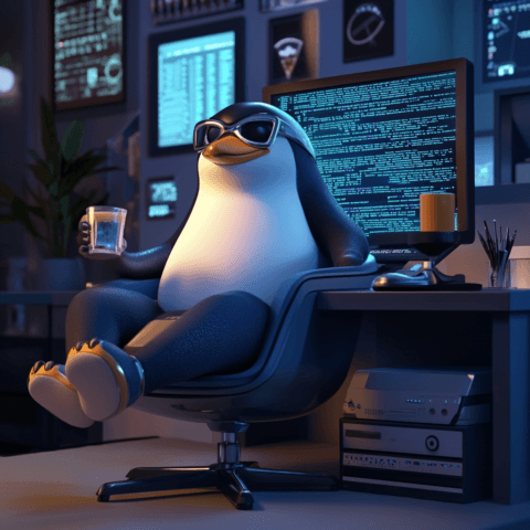 Pingüino relajado con gafas de sol, disfrutando una bebida mientras su ordenador trabaja solo, mostrando líneas de código en la pantalla. Un ambiente futurista y tecnológico que representa la automatización y la inteligencia artificial