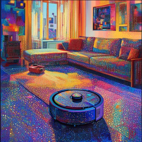 Ilustración puntillista de un robot aspirador inteligente limpiando un salón moderno y colorido, con una iluminación vibrante y un efecto artístico de miles de diminutos puntos de colores