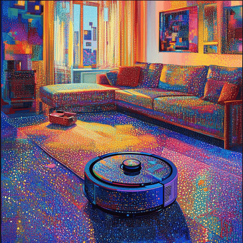 Ilustración puntillista de un robot aspirador inteligente limpiando un salón moderno y colorido, con una iluminación vibrante y un efecto artístico de miles de diminutos puntos de colores