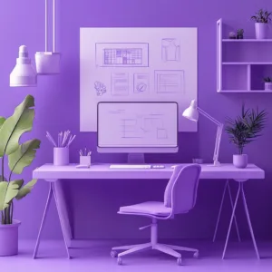 Espacio de trabajo moderno con una computadora en un escritorio minimalista, rodeado de plantas y elementos de diseño. En la pantalla y el tablero se muestran esquemas y diagramas, representando el desarrollo de proyectos y planificación estratégica