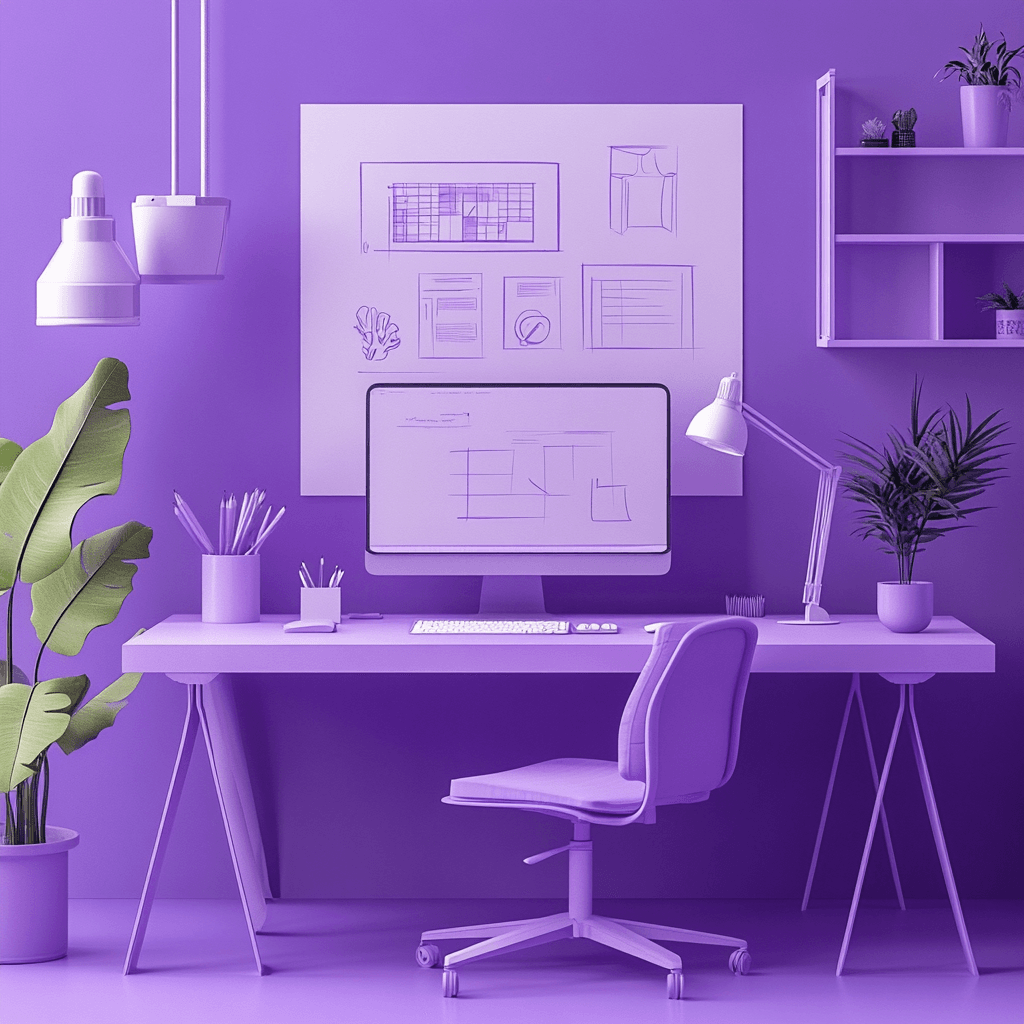 Espacio de trabajo moderno con una computadora en un escritorio minimalista, rodeado de plantas y elementos de diseño. En la pantalla y el tablero se muestran esquemas y diagramas, representando el desarrollo de proyectos y planificación estratégica