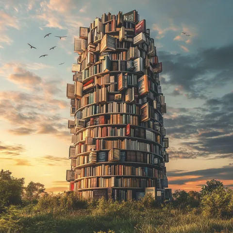 Torre de libros imponente al atardecer, simbolizando el conocimiento y el aprendizaje infinito sobre inteligencia artificial y tecnología