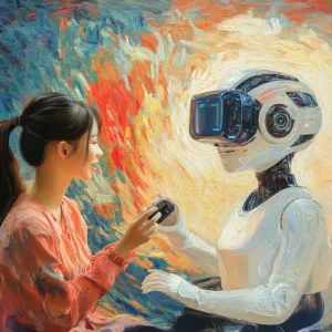 Ilustración postimpresionista de una joven interactuando con un robot con visor de realidad aumentada. El fondo vibrante, con pinceladas expresivas y colores cálidos, evoca un ambiente dinámico de colaboración entre humanos e inteligencia artificial