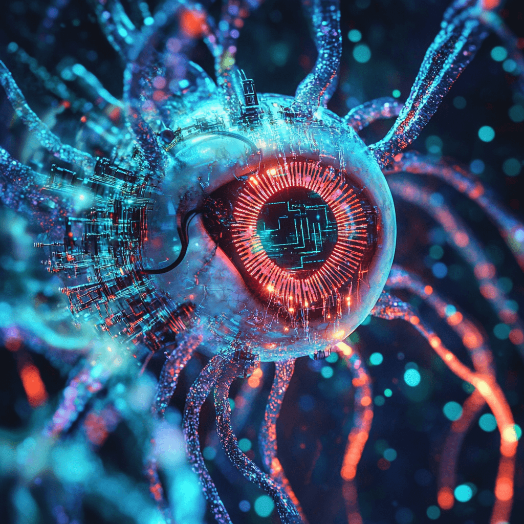 epresentación futurista de un ojo biónico con tecnología avanzada, circuitos integrados y conexiones neuronales, simbolizando la visión artificial y la innovación médica
