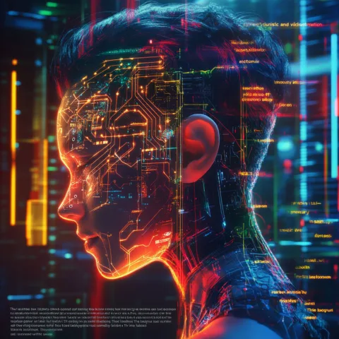 Ilustración futurista de una persona con un tatuaje electrónico en la cabeza, mostrando circuitos luminosos integrados en la piel y señales neuronales brillantes en un entorno tecnológico ciberpunk. Representación visual del avance en neurotecnología e interfaces cerebro-computadora.
