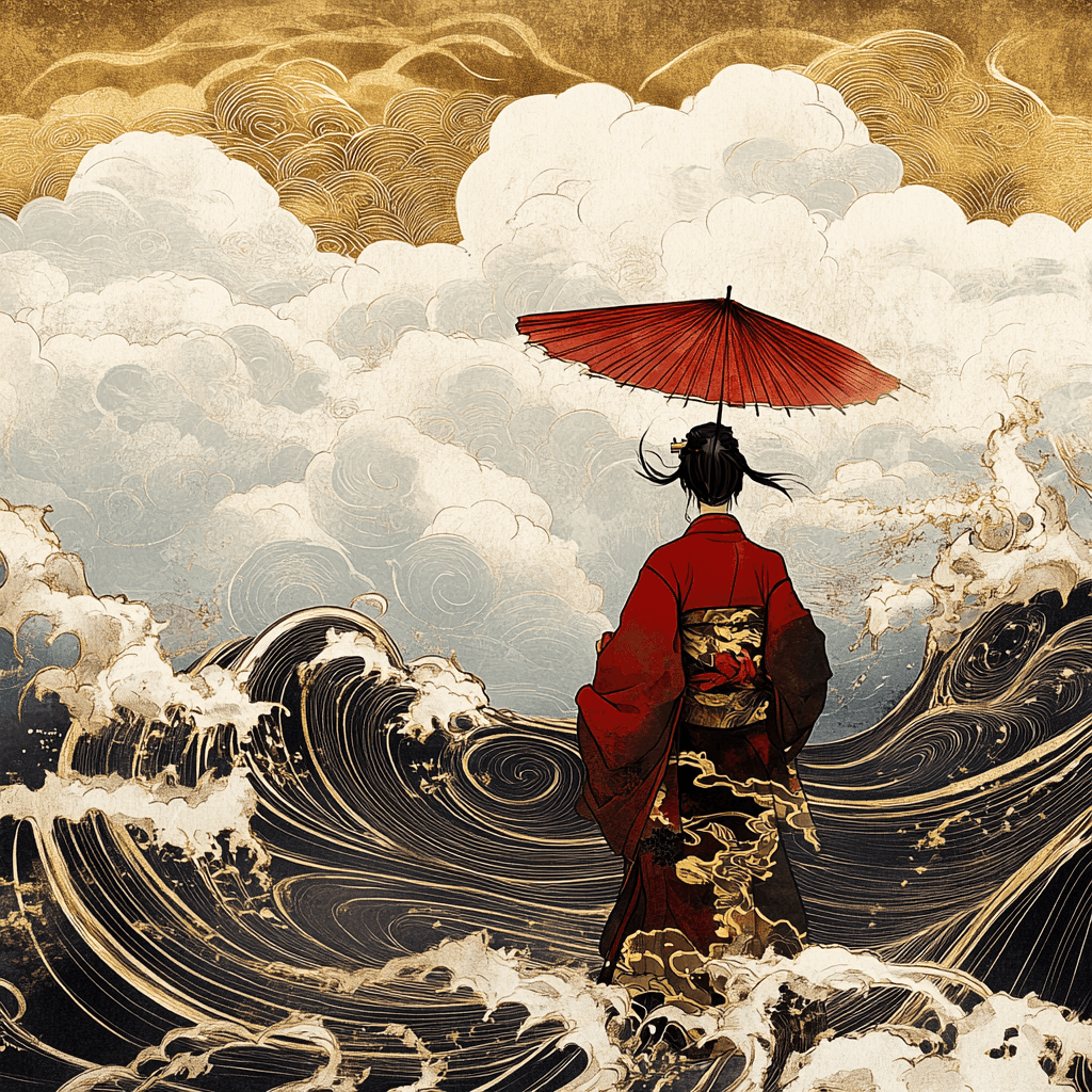 Ilustración ukiyo-e de una mujer con kimono rojo y paraguas, rodeada de olas estilizadas, simbolizando el avance y la evolución de GPT 4.5.