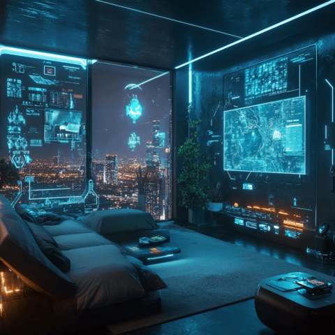 Habitación futurista con tecnología avanzada y hologramas interactivos, representando la inteligencia artificial de Alexa+. Un hogar inteligente donde Alexa Amazon gestiona dispositivos conectados con automatización avanzada