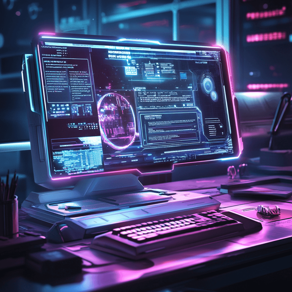 Computer-Using Agent (CUA) operando en una computadora futurista con una interfaz digital avanzada, ejecutando tareas de forma autónoma. La pantalla brilla con tonos neón, mostrando gráficos, código y análisis de datos, representando la automatización con inteligencia artificial