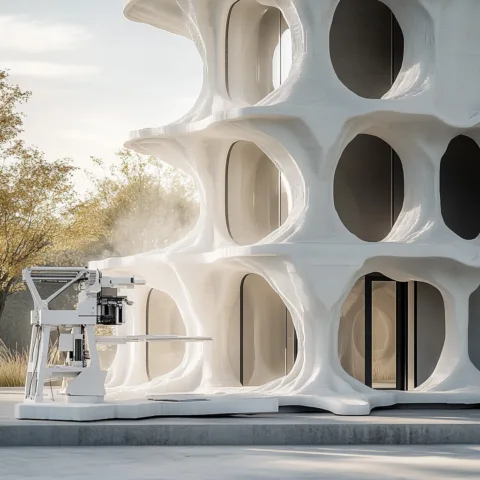 Impresora 3D construyendo un edificio futurista con diseño orgánico y ventanas curvas, utilizando tecnología avanzada de impresión 3D en construcción