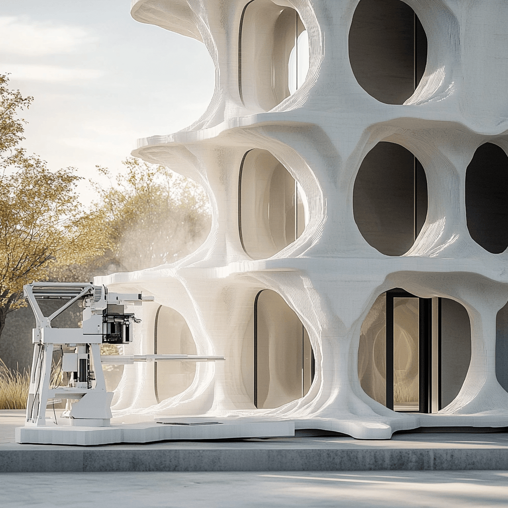 Impresora 3D construyendo un edificio futurista con diseño orgánico y ventanas curvas, utilizando tecnología avanzada de impresión 3D en construcción