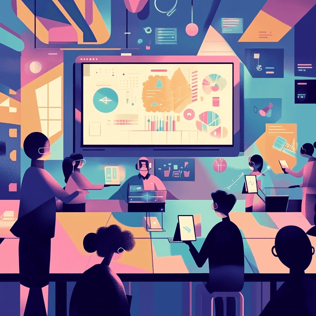 Ilustración futurista de un aula con estudiantes y profesor utilizando inteligencia artificial en la educación, con pantallas interactivas y dispositivos digitales