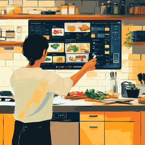 Persona usando inteligencia artificial en la cocina para planificar su menú semanal en una pantalla digital