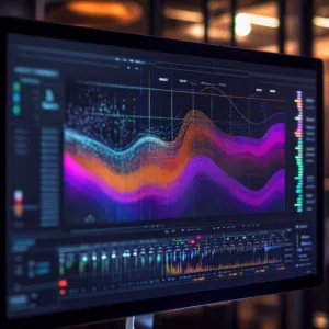 Interfaz de LALAL.AI, eliminador de voz IA, mostrando ondas de sonido separadas por colores en un software avanzado de edición de audio