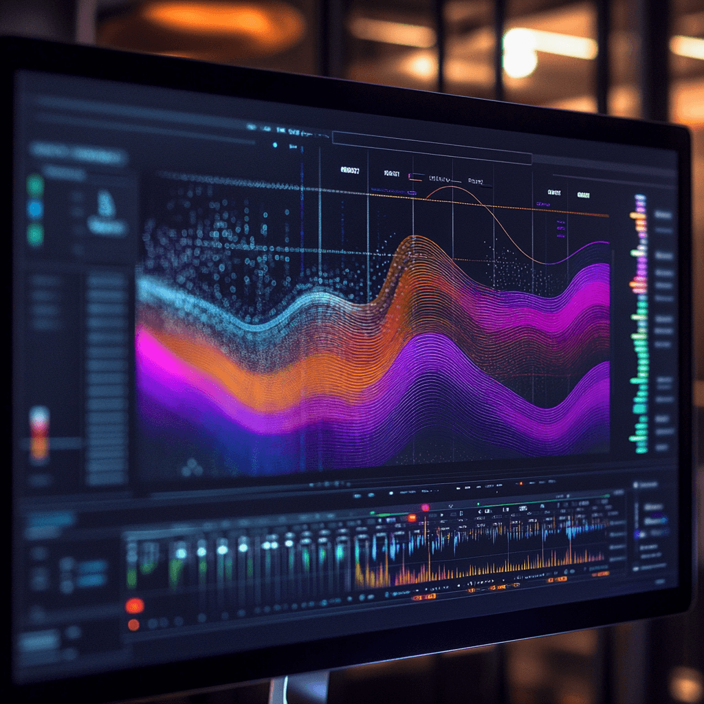 Interfaz de LALAL.AI, eliminador de voz IA, mostrando ondas de sonido separadas por colores en un software avanzado de edición de audio