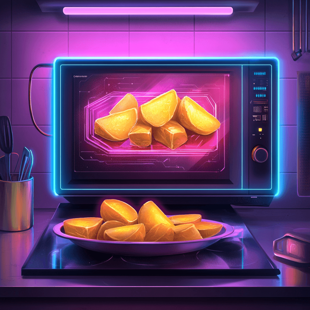 Patatas doradas cocinadas en una de las mejores freidoras de aire con diseño futurista y tecnología avanzada, en una cocina con luces neón