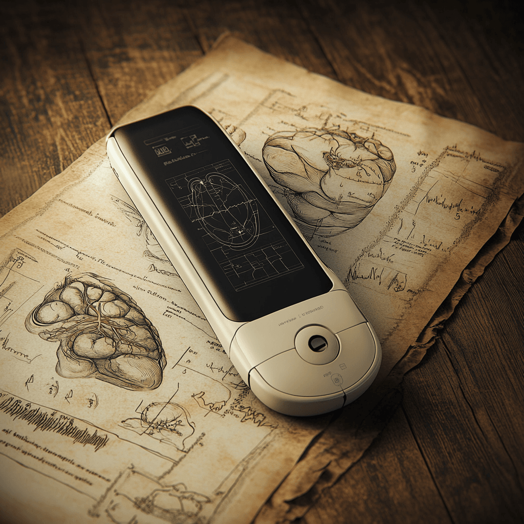 Tensiómetro con inteligencia artificial en estilo renacentista, inspirado en Leonardo da Vinci, sobre un pergamino con bocetos anatómicos del corazón