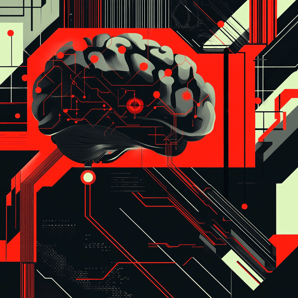 Ilustración en estilo constructivista representando el funcionamiento de las redes neuronales artificiales con un cerebro digital interconectado a circuitos, simbolizando la inteligencia artificial y el aprendizaje automático
