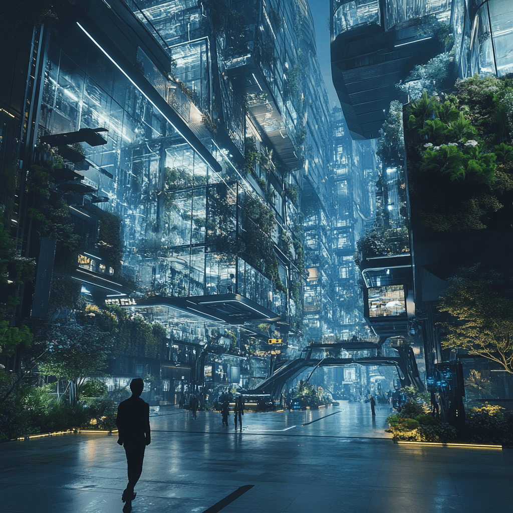 Vista futurista de The Line, la innovadora ciudad lineal en Arabia Saudita con arquitectura de cristal y jardines verticales. Un entorno sostenible e inteligente con tecnología avanzada y espacios urbanos sin automóviles.