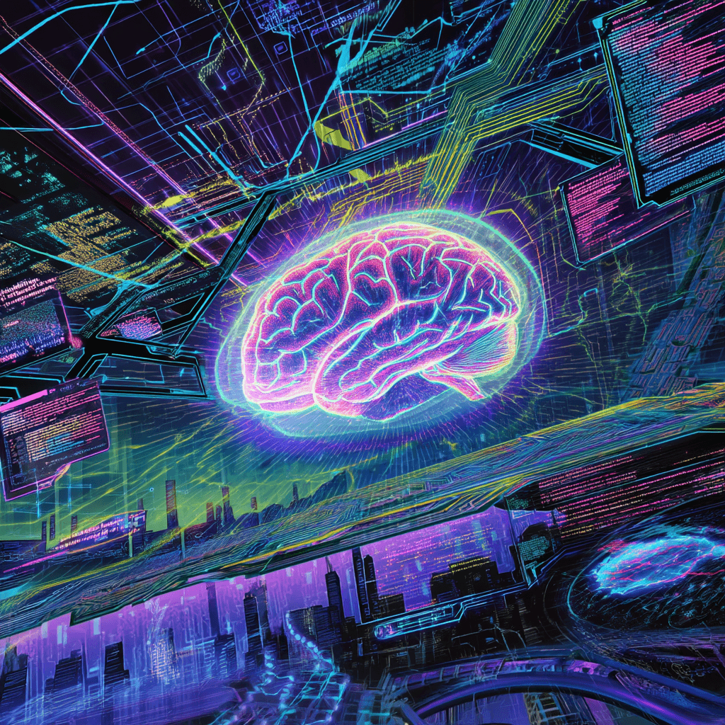 Ilustración conceptual en estilo cyberpunk de un cerebro digital flotando entre flujos de datos masivos, representando la fusión entre big data y thick data en un entorno tecnológico futurista