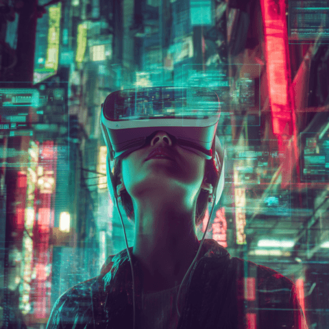 Persona usando gafas de realidad virtual en un entorno cyberpunk futurista, rodeada de luces de neón y hologramas digitales