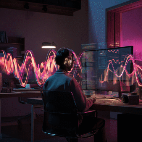 Persona trabajando en un escritorio con auriculares futuristas, rodeado de hologramas de ondas de sonido y gráficos digitales en un entorno tecnológico con iluminación neón