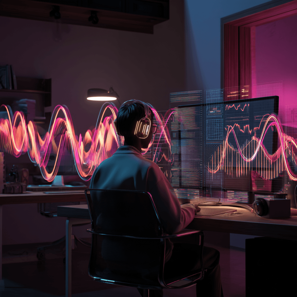 Los mejores auriculares con cancelación de ruido e IA para concentración total 1 Persona trabajando en un escritorio con auriculares futuristas, rodeado de hologramas de ondas de sonido y gráficos digitales en un entorno tecnológico con iluminación neón