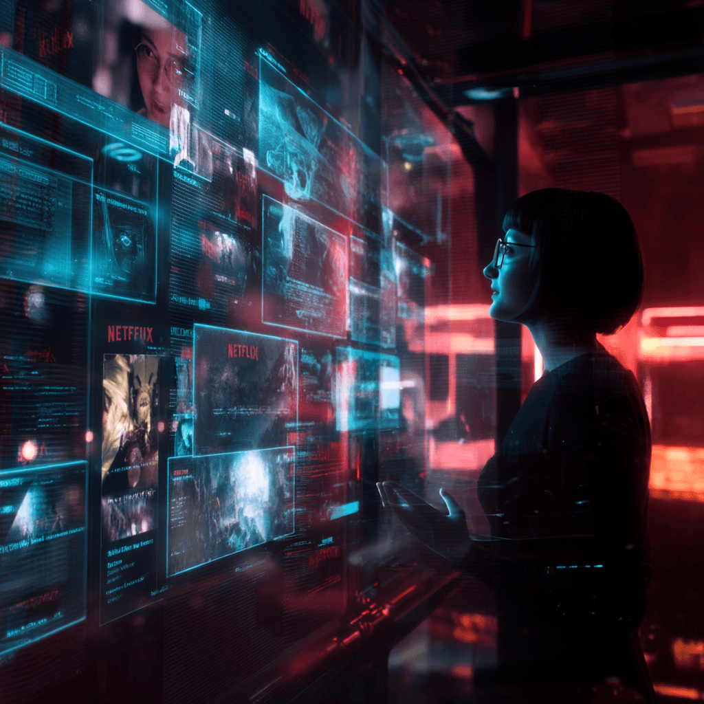 mujer interactuando con una interfaz futurista que muestra recomendaciones de netflix generadas por inteligencia artificial